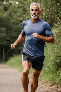 Handsome old man with a muscular body in sportswear running in park. Generative AI