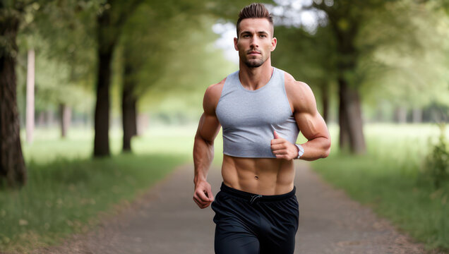 Handsome man with a muscular body in sportswear running in park. Generative AI