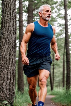 Handsome old man with a muscular body in sportswear running in park. Generative AI