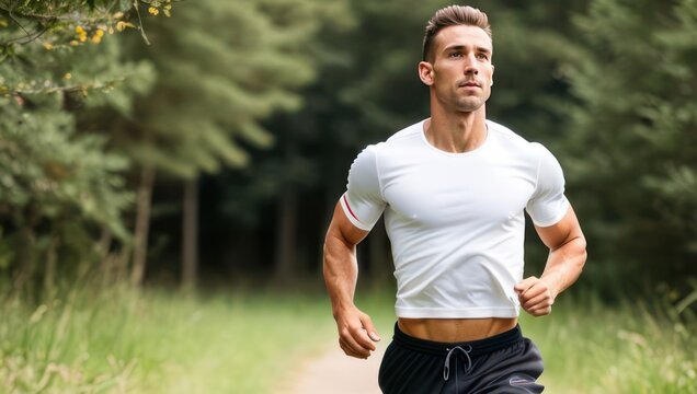 Handsome man with a muscular body in sportswear running in park. Generative AI