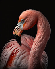 Generated photorealistic image of a pink flamingo on a black background