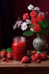 a jar of strawberry jam with fresh red strawberry, Generative Ai