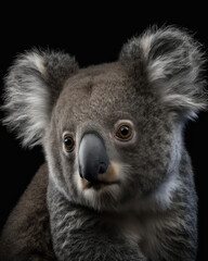 Generated photorealistic image of a wild koala on a black background