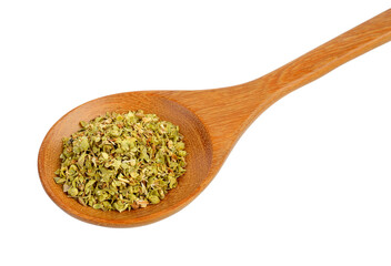 Dried oregano in wood spoon on transparent png
