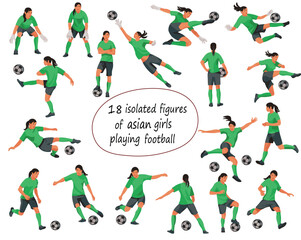 Vector isolated figures of asian women's football girl players and goalkeepers in green equipment in various poses and motion