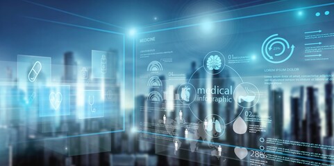 Panorama of city and Hologram healthcare medicine icons.