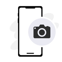 Camera Icon on Smartphone. Photography, picture, image capture, snapshot, lens, mobile device, digital, technology. Vector line icon for Business and Advertising