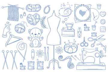 Hand made. Set of monochrome bright blue elements for sewing and knitting in doodle style. Isolated on white background