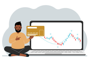 A laptop with a promo page of stock trading or trading on the stock exchange next to a man holding a plastic card. Financial chart for buying and selling in the stock market. Vector flat illustration