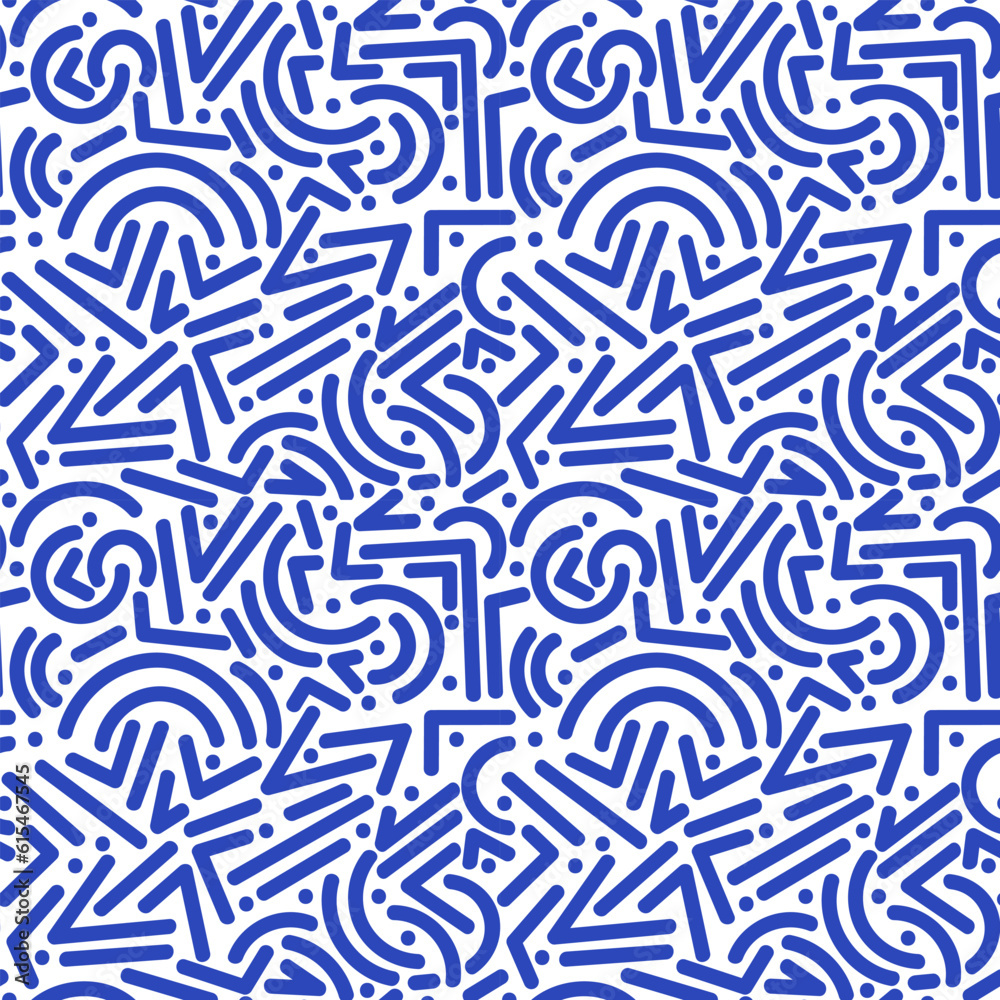 Poster Blue line doodle seamless pattern, creative minimalist style abstract background with basic shapes