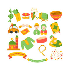 Eid Mubarak Cartoon Illustration. Eid Al Fitr Clipart Illustration For Card, Invitation, Ramadan, And Eid Poster Decoration. Islamic Element.