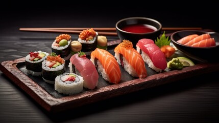 Sushi Set - Different Types of Sushi on Black Background ,Generative AI