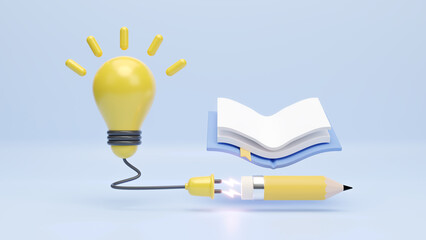 3D book and pencil with power plug to light bulb for knowledge, education concept. Self-development concept. Self-learning concept. Reading a book to get a new idea. Knowledge seeking. 3d rendering
