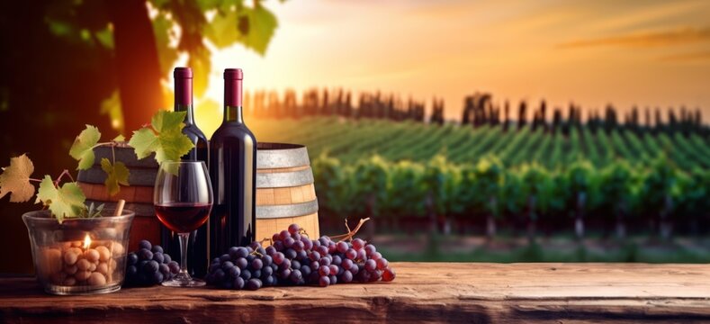 Wine bottle and glass of wine with barrel on vineyard background ,Generative AI