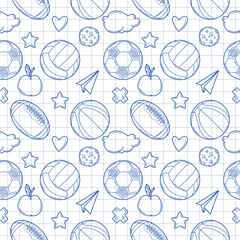 Seamless pattern with sketch style cartoon balls from popular team sports on a white checkered background