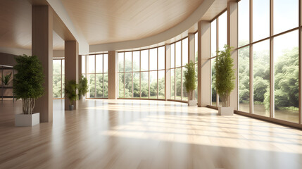 A beautiful modern spacious office hall with panoramic windows and a perspective in pleasant natural beige and brown tones, --aspect 16:9