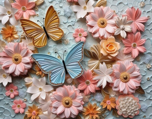 Summertime Flowers, gold and silver, butterflies