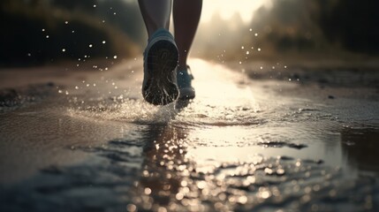 Runner athlete running on forest trail. woman fitness jogging workout wellness concept ,Generative AI