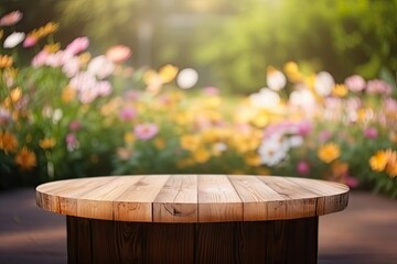 Fototapeta premium Wooden Board Table Top with Empty Space and Blurred Flower Garden Background. Product Display Mockup