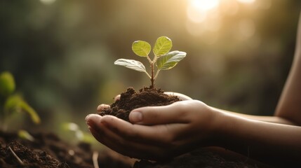 Hands holding green seedling growing in soil on blurred nature background ,Generative AI