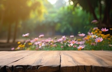 Wooden Board Table Top with Empty Space and Blurred Flower Garden Background. Product Display Mockup