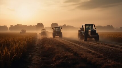 Fototapeta premium Tractors working on a wheat field at sunrise. Tractor in the field ,Generative AI