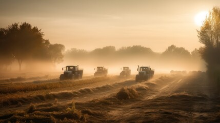 Fototapeta premium Tractors working on a wheat field at sunrise. Tractor in the field ,Generative AI