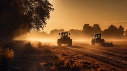 Fototapeta premium Tractors working on a wheat field at sunrise. Tractor in the field ,Generative AI