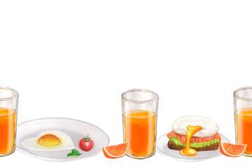 Banner seamless border breakfast food, morning meals eggs, juice, orange, tomato. Hand drawn watercolor illustration isolated on white background. Design element for restaurant menu, recipes