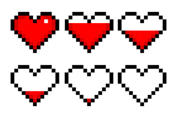 Fototapeta premium Set of Pixelated Heart Icons. Digital love, affection, emotions, retro style, pixel art, nostalgia, digital expression, 8-bit, video games. Vector line icon for Business and Advertising