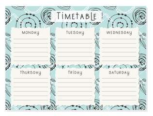 Back to School Timetable abstract doodle hand drawn. Classroom timetable lines. Plan note education. Planner, table class, template. Vector illustration