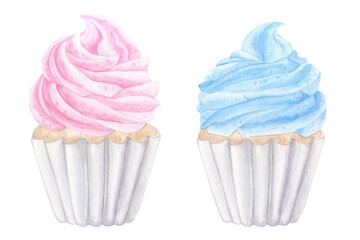 Cupcake muffin pink blue cream. Sweet food clipart. Hand drawn watercolor illustration isolated on white background. Gender reveal party, baby shower. For cafe menu pastry shop