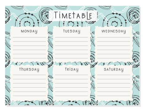Back to School Timetable abstract doodle hand drawn. Classroom timetable lines. Plan note education. Planner, table class, template. Vector illustration