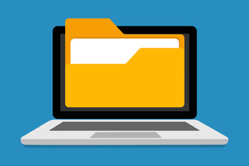 Laptop with Folder Icon. File management, document organization, digital storage, laptop computer, folder icon, data synchronization. Vector line icon for Business and Advertising