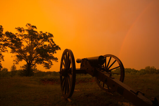Lightning and a cannon at the Fredericksburg battlefield, Virginia, USA; Fredericksburg, Virginia, United States of America