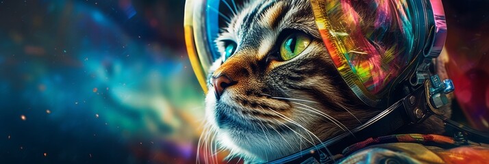 The astronaut cat soars through a vast galaxy. Exploring the wonders of space. Generative AI - obrazy, fototapety, plakaty