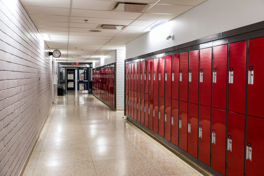 hallway and lockers in a recently renovated and upgraded rural high school; Namao, Alberta, Canada