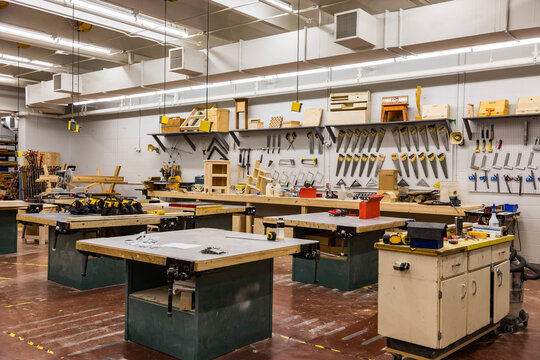 Industrial arts shop in a recently renovated and upgraded rural high school; Namao, Alberta, Canada