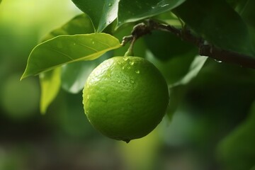 Zesty Delight: Green Organic Lime Citrus Fruit Hanging on Tree, 
green lime, organic, citrus fruit, hanging on tree, fresh, farm, agriculture, natural, healthy, zesty,