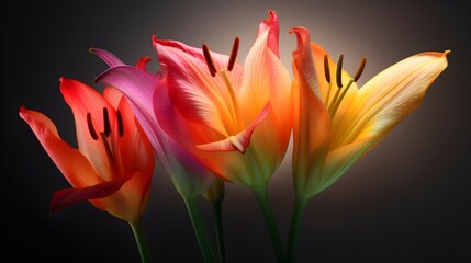 Close up of some rainbow multicolor tulip flowers on isolated on studio background. Generative AI technology.