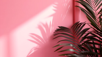 Blurred shadow from palm leaves on the pink wall. Minimal abstract background for product presentation. Spring and summer, --aspect 16:9