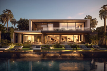 Fototapeta premium A Majestic and stunning modern house with a swimming pool, created with AI