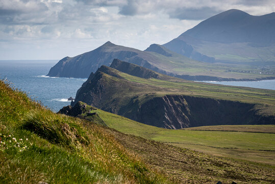 View From Sybil Head of the Three Sisters mountain peaks along the Atlantic Coast on Dingle Peninsula; County Kerry, Ireland
