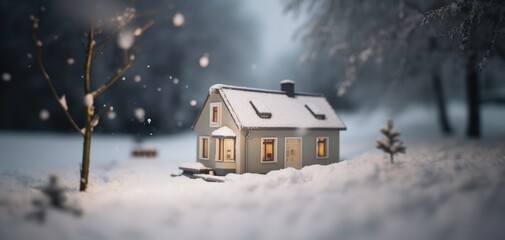 tilt-shift effect photography of a tiny house in winter with snow in the background and winter environment. soft white and cold light. ai generative - obrazy, fototapety, plakaty