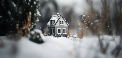 tilt-shift effect photography of a tiny house in winter with snow in the background and winter environment. soft white and cold light. ai generative