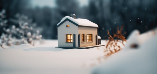Naklejka premium tilt-shift effect photography of a tiny house in winter with snow in the background and winter environment. soft white and cold light. ai generative