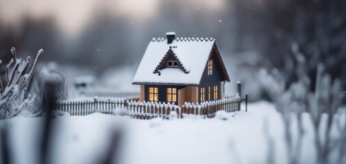 Naklejka premium tilt-shift effect photography of a tiny house in winter with snow in the background and winter environment. soft white and cold light. ai generative