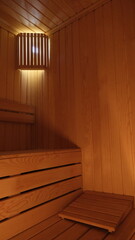 Fototapeta na wymiar sauna room with wooden sitting groups surrounded by wood