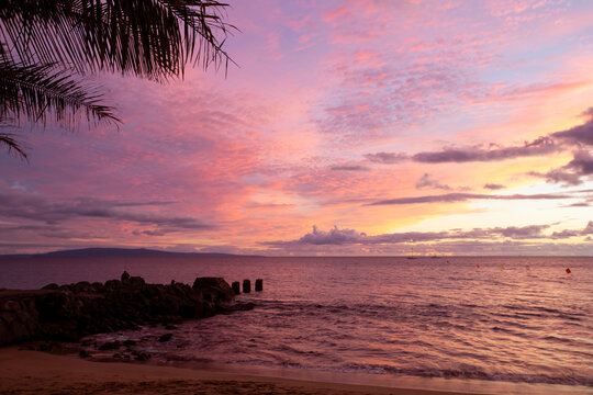 Silhouette of fronds and pier groin at sunset with purple and pink clouds, Kihei, Maui, Hawaii, USA