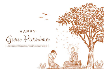 Creative line art concept for happy Guru Purnima Day background with guru shloka. Vector illustration. - obrazy, fototapety, plakaty